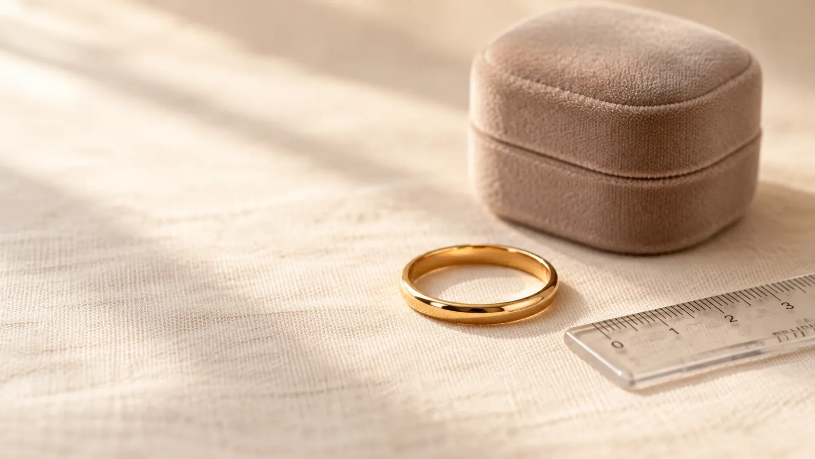 a borrowed gold ring and a small ruler beside a closed ring box on a cream surface