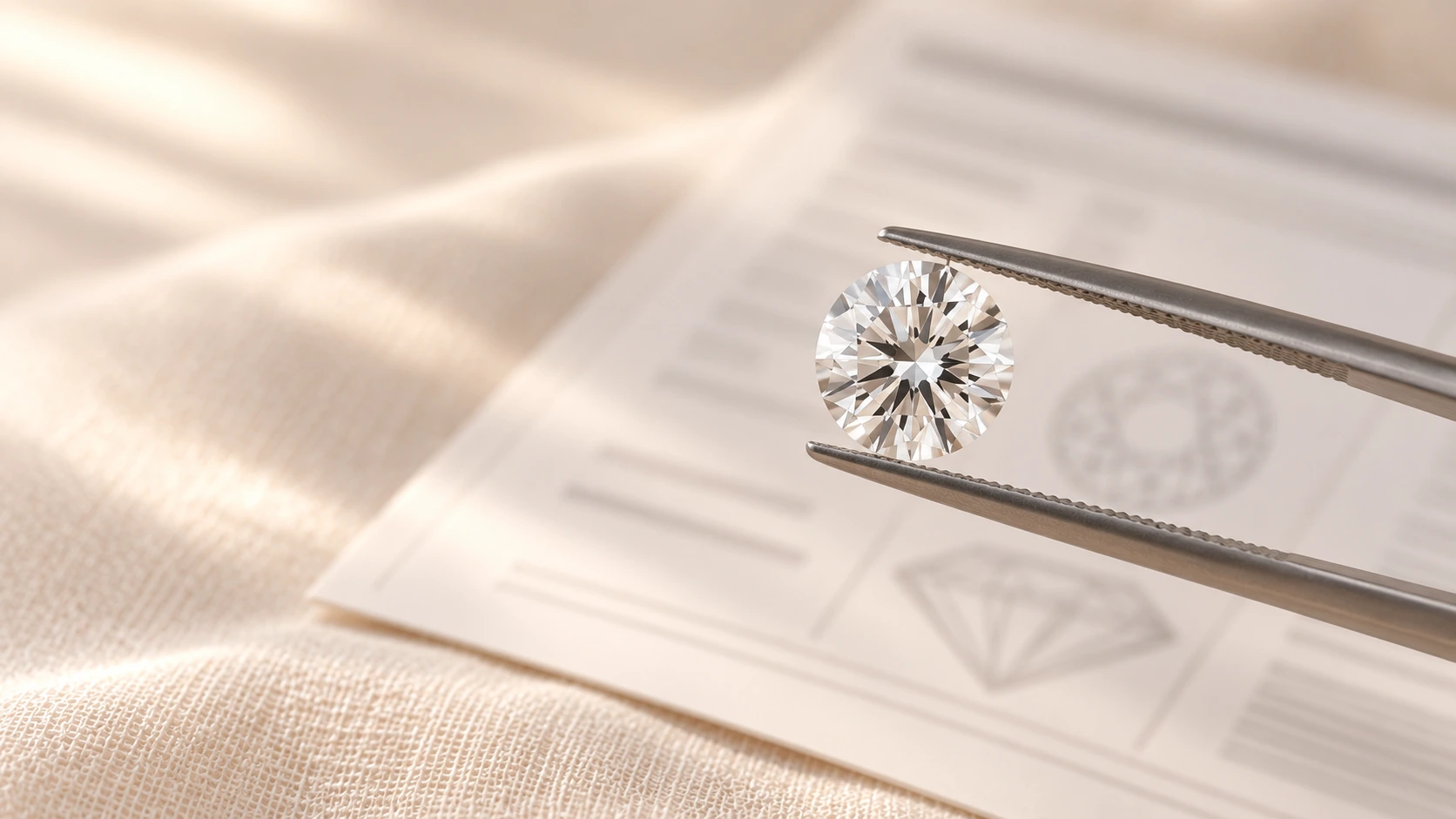 a loose round lab grown diamond held in jeweler's tweezers above a diamond grading report