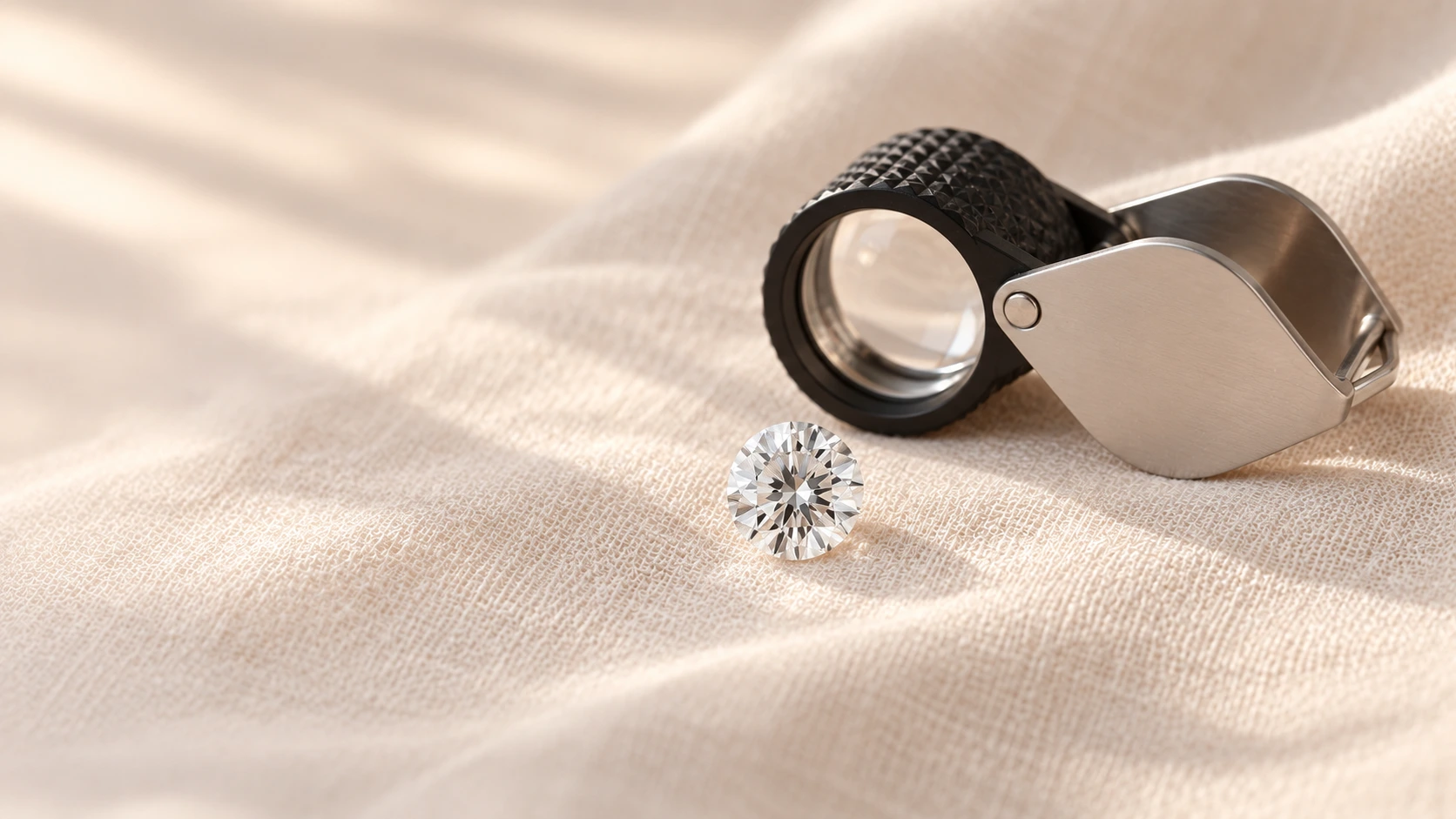 a jeweler's loupe resting beside a loose round diamond on soft linen