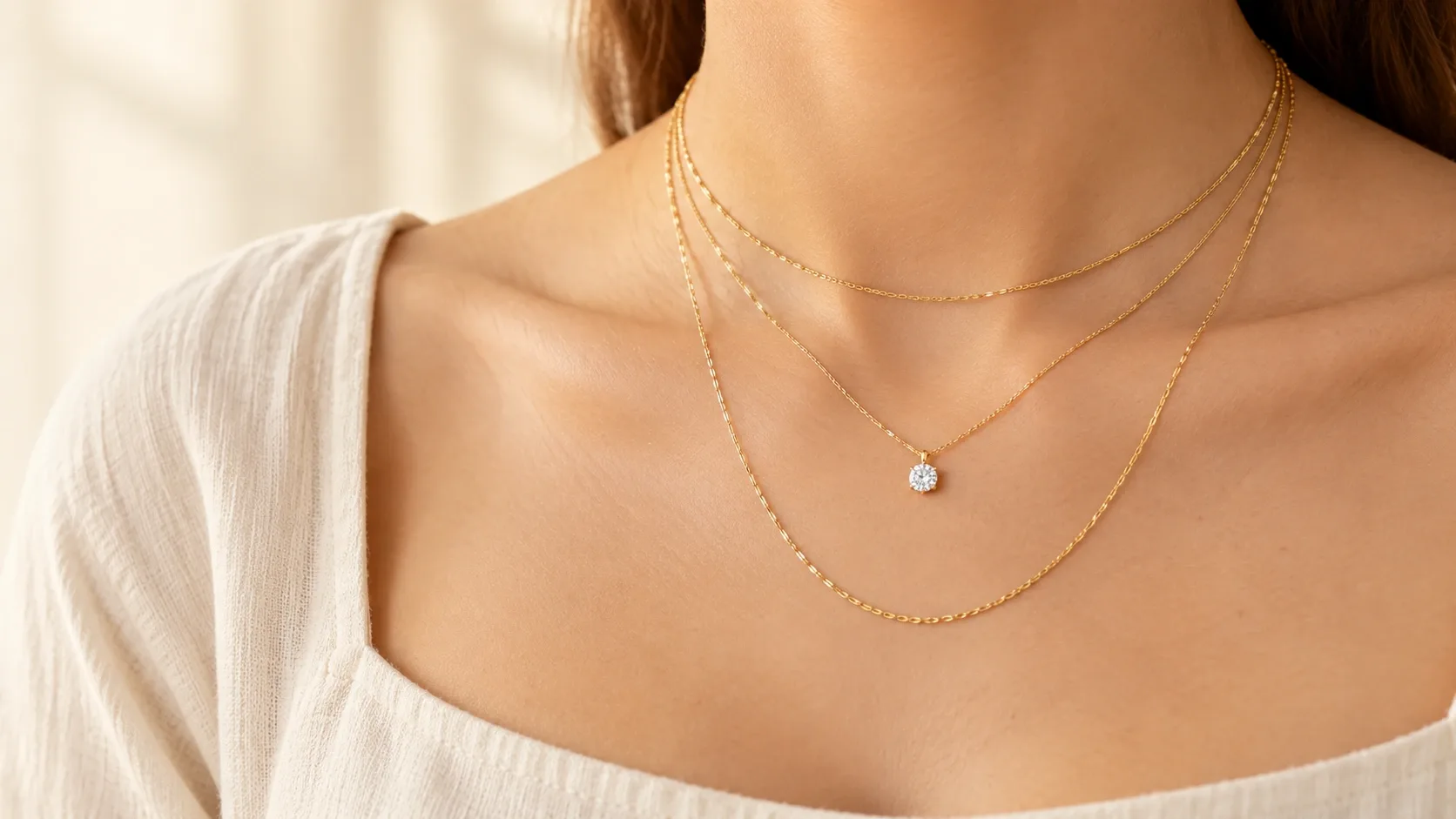 three gold necklaces worn at different lengths, from a short chain at the base of the neck to a longer pendant chain