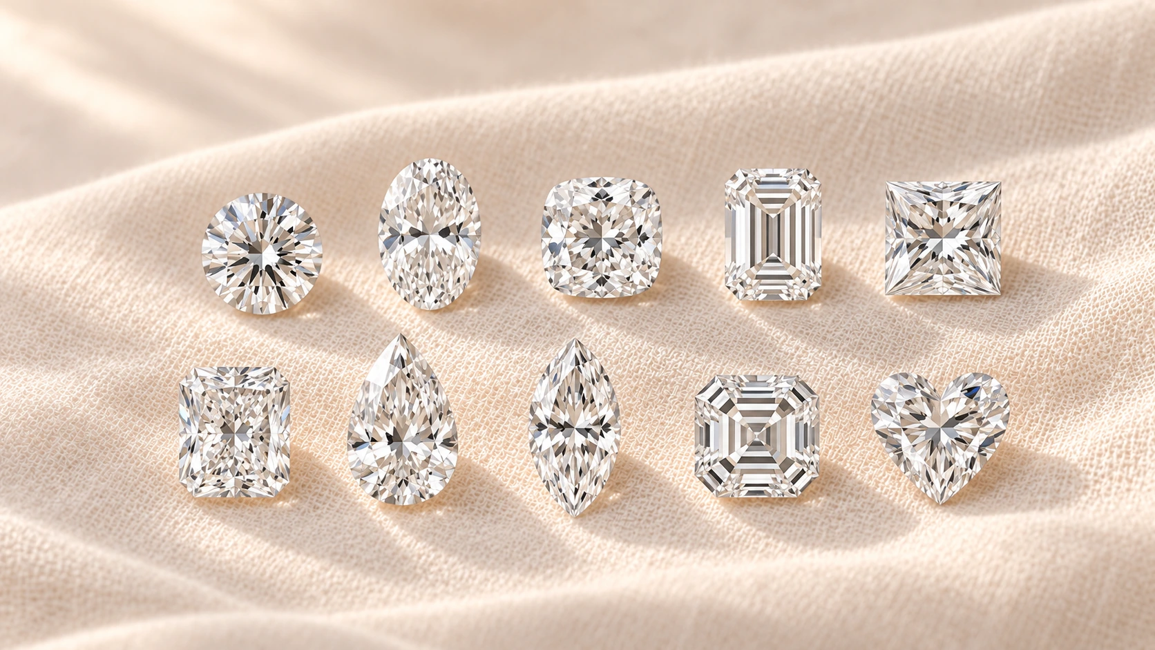 ten loose lab grown diamonds in different shapes laid out in two rows